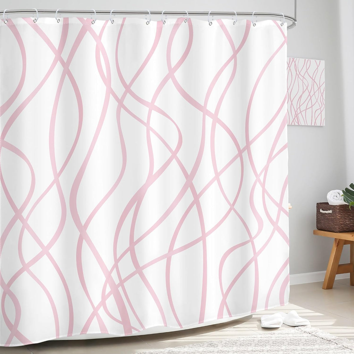 Pink Striped Shower Curtain Abstract Pink White Bathroom Curtain Set
