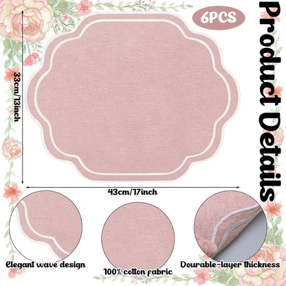 Pink Scalloped Placemats Set of 6 Cotton Embroidered Table Mat for Wedding