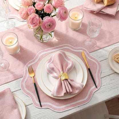 Pink Scalloped Placemats Set of 6 Cotton Embroidered Table Mat for Wedding