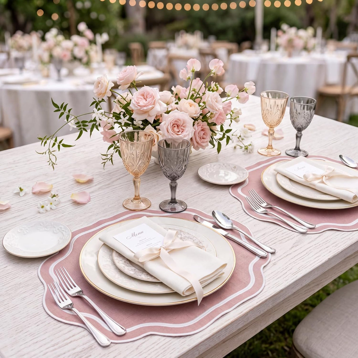 Pink Scalloped Placemats Set of 6 Cotton Embroidered Table Mat for Wedding