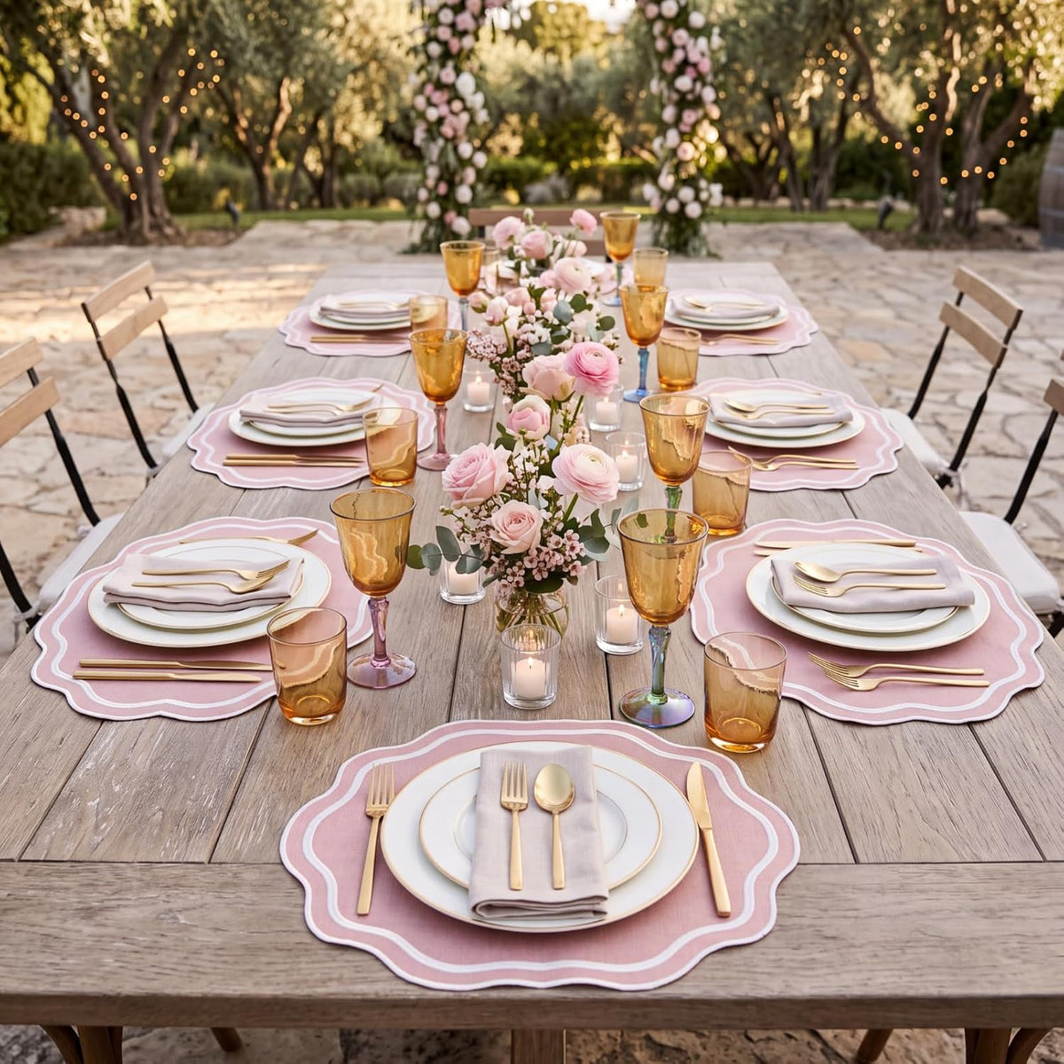 Pink Scalloped Placemats Set of 6 Cotton Embroidered Table Mat for Wedding