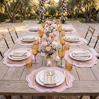 Pink Scalloped Placemats Set of 6 Cotton Embroidered Table Mat for Wedding