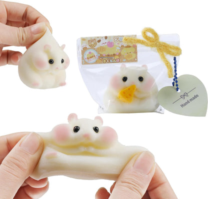 2PCS Handmade Taba Hamster Squishy Squeeze Toys - Ultra Soft Silicone Animal Squishies for Kids & Adults, Reusable Non-Violent Squishy Toys for Stress Relief & Relaxation （White&Pink）