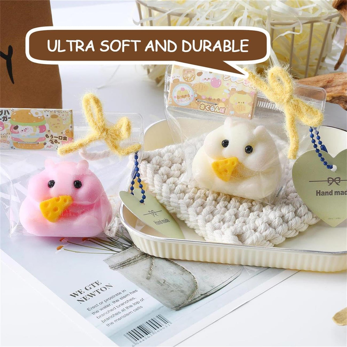 2PCS Handmade Taba Hamster Squishy Squeeze Toys - Ultra Soft Silicone Animal Squishies for Kids & Adults, Reusable Non-Violent Squishy Toys for Stress Relief & Relaxation （White&Pink）