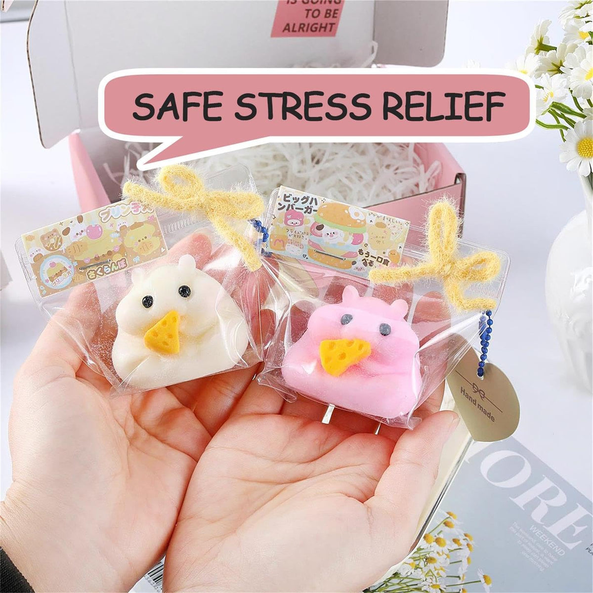 2PCS Handmade Taba Hamster Squishy Squeeze Toys - Ultra Soft Silicone Animal Squishies for Kids & Adults, Reusable Non-Violent Squishy Toys for Stress Relief & Relaxation （White&Pink）