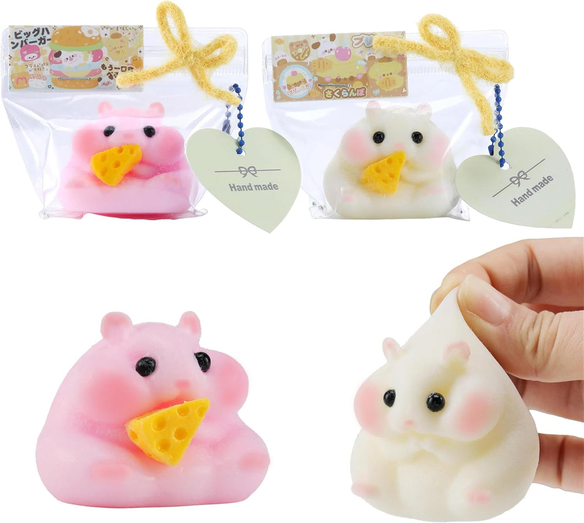 2PCS Handmade Taba Hamster Squishy Squeeze Toys - Ultra Soft Silicone Animal Squishies for Kids & Adults, Reusable Non-Violent Squishy Toys for Stress Relief & Relaxation （White&Pink）