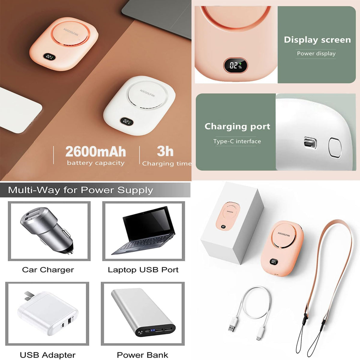 Portable Neck Fan, Mini Small Personal Handheld Fan USB Rechargeable 3 Speed for Girls Boys Woman Eyelash Travel Home Office Outdoor (Pink)