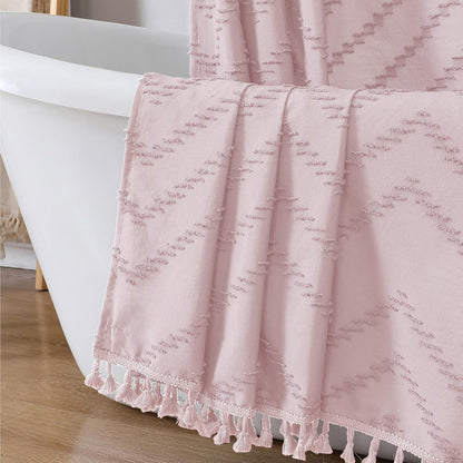 Boho Shower Curtain, Blush Pink Fabric Cloth Shower Curtains Farmhouse Tufted Chevron Striped Textured with Tassel for Bathroom, Soft Hotel Style Modern Minimalist, Machine Washable, 72x72