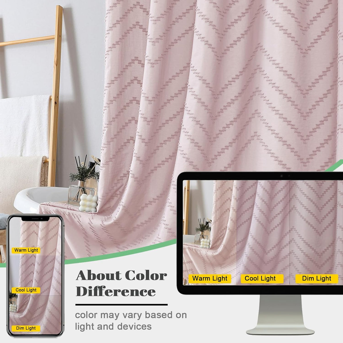 Boho Shower Curtain, Blush Pink Fabric Cloth Shower Curtains Farmhouse Tufted Chevron Striped Textured with Tassel for Bathroom, Soft Hotel Style Modern Minimalist, Machine Washable, 72x72
