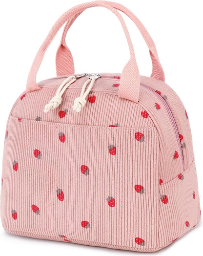 Lunch Bag for Women Men Cute Corduroy Lunch Tote Bags Reusable Insulated Lunch Box Large Capacity Reusable Insulated Cooler for Work Picnic or Travel (Corduroy strawberry pink)