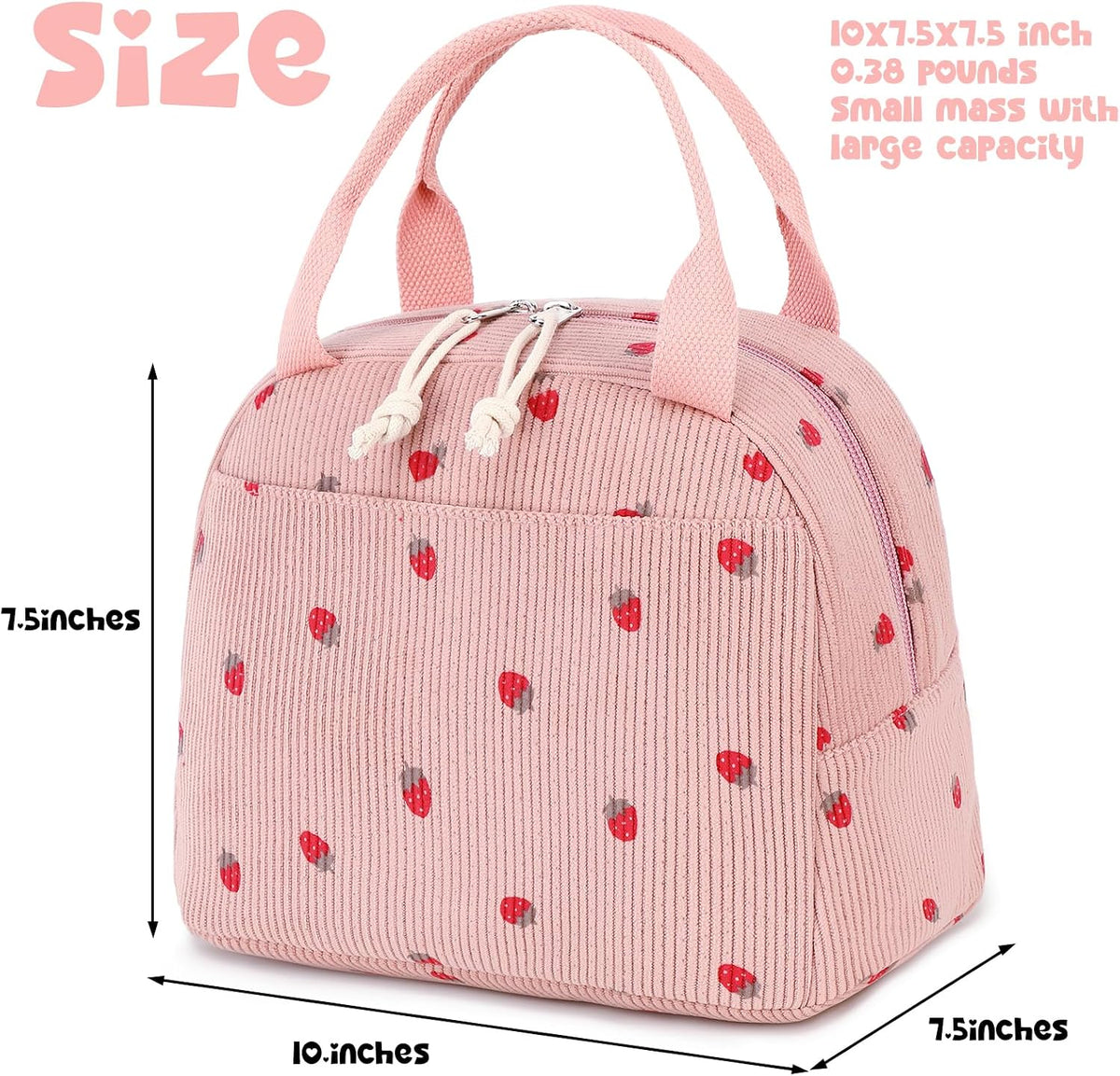 Lunch Bag for Women Men Cute Corduroy Lunch Tote Bags Reusable Insulated Lunch Box Large Capacity Reusable Insulated Cooler for Work Picnic or Travel (Corduroy strawberry pink)