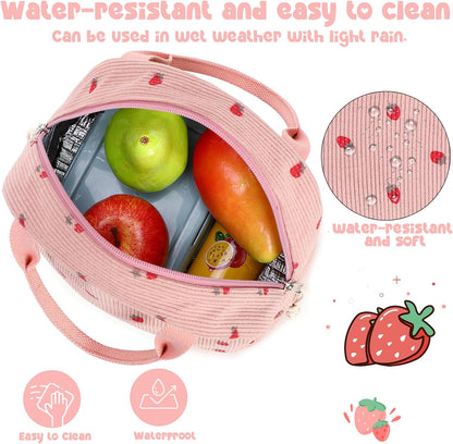 Lunch Bag for Women Men Cute Corduroy Lunch Tote Bags Reusable Insulated Lunch Box Large Capacity Reusable Insulated Cooler for Work Picnic or Travel (Corduroy strawberry pink)