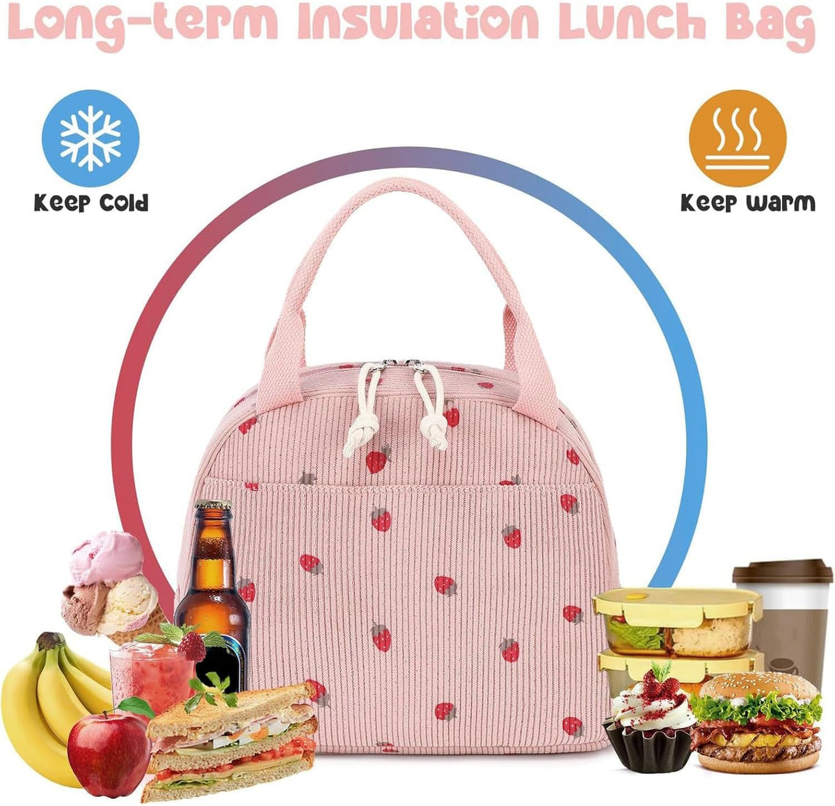 Lunch Bag for Women Men Cute Corduroy Lunch Tote Bags Reusable Insulated Lunch Box Large Capacity Reusable Insulated Cooler for Work Picnic or Travel (Corduroy strawberry pink)