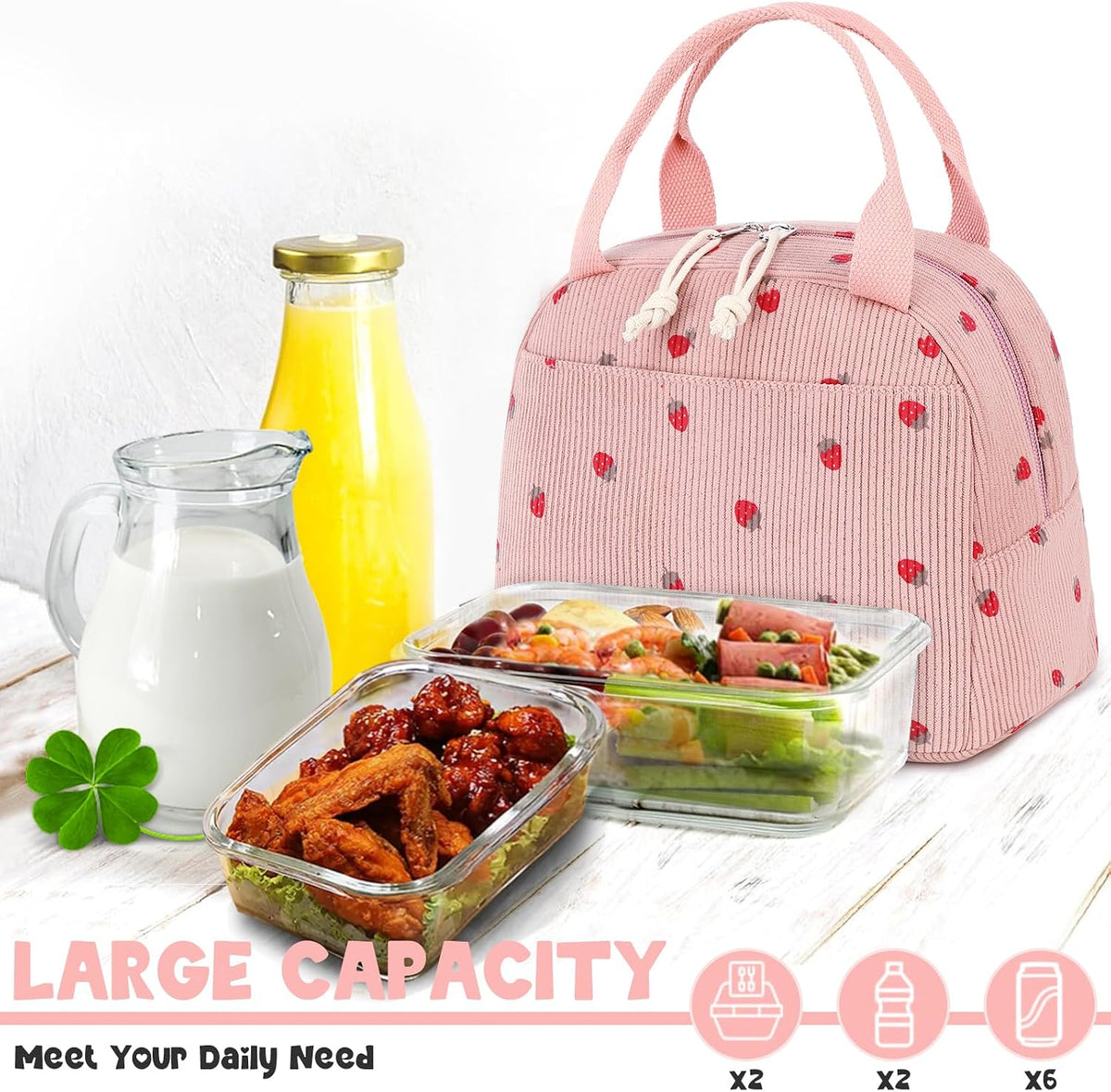 Lunch Bag for Women Men Cute Corduroy Lunch Tote Bags Reusable Insulated Lunch Box Large Capacity Reusable Insulated Cooler for Work Picnic or Travel (Corduroy strawberry pink)
