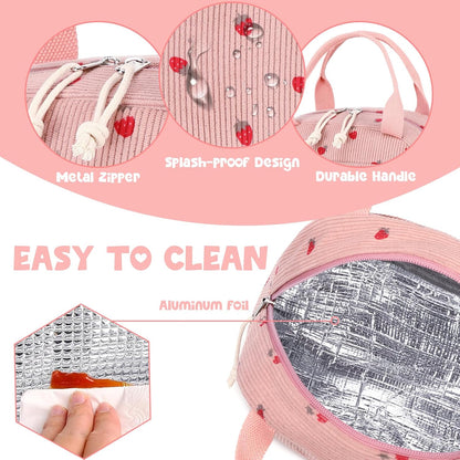 Lunch Bag for Women Men Cute Corduroy Lunch Tote Bags Reusable Insulated Lunch Box Large Capacity Reusable Insulated Cooler for Work Picnic or Travel (Corduroy strawberry pink)