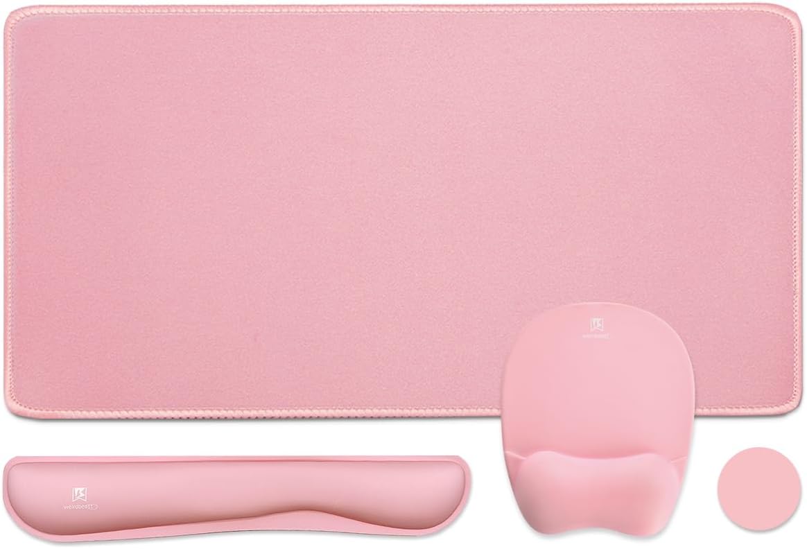 Keyboard Wrist Rest Large Mouse Pad Wrist Support for Computer, 4 in 1 Memory Foam Keyboard Pad Desk Mat Ergonomic Hand Rest Wrist Cushion for Home Office Gaming-Pink