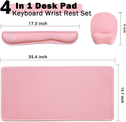 Keyboard Wrist Rest Large Mouse Pad Wrist Support for Computer, 4 in 1 Memory Foam Keyboard Pad Desk Mat Ergonomic Hand Rest Wrist Cushion for Home Office Gaming-Pink