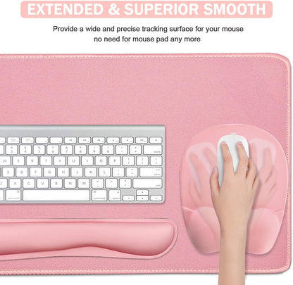 Keyboard Wrist Rest Large Mouse Pad Wrist Support for Computer, 4 in 1 Memory Foam Keyboard Pad Desk Mat Ergonomic Hand Rest Wrist Cushion for Home Office Gaming-Pink