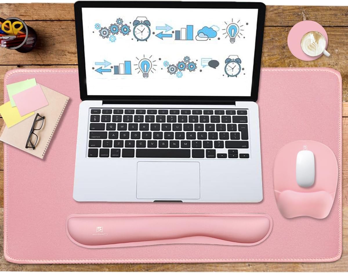 Keyboard Wrist Rest Large Mouse Pad Wrist Support for Computer, 4 in 1 Memory Foam Keyboard Pad Desk Mat Ergonomic Hand Rest Wrist Cushion for Home Office Gaming-Pink