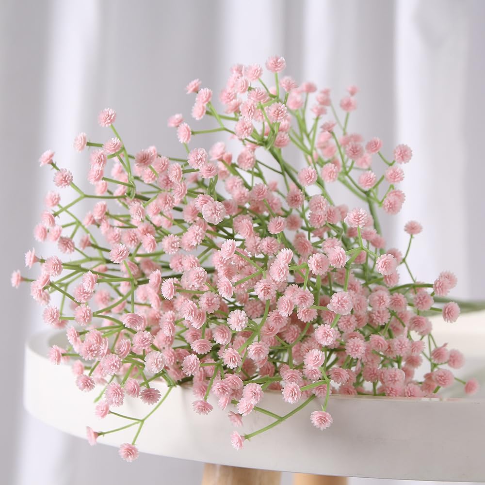 Pink Babys Breath Artificial Flowers 12Pcs Real Touch Faux Gypsophila Wedding Party Home Decor