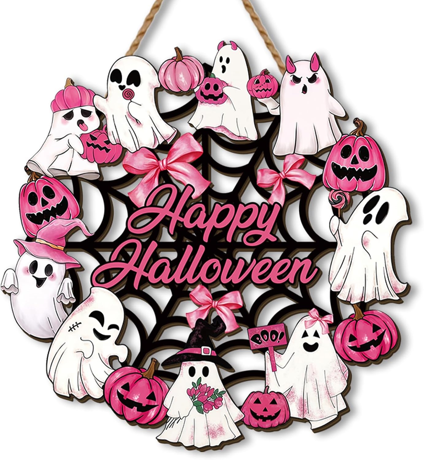 Halloween Wreath 11.8×11.8 Inch October Pink Ghost Home Party Decor