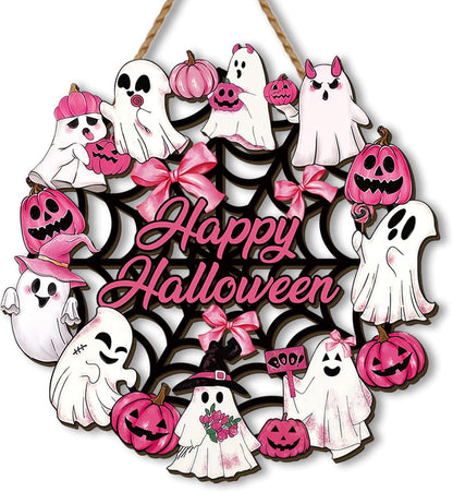Halloween Wreath 11.8×11.8 Inch October Pink Ghost Home Party Decor