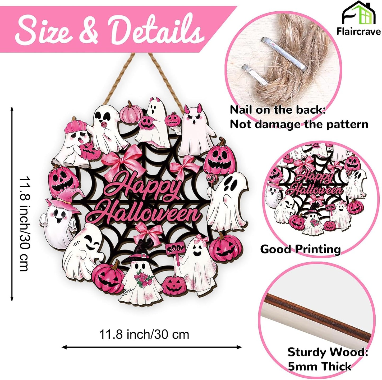 Halloween Wreath 11.8×11.8 Inch October Pink Ghost Home Party Decor