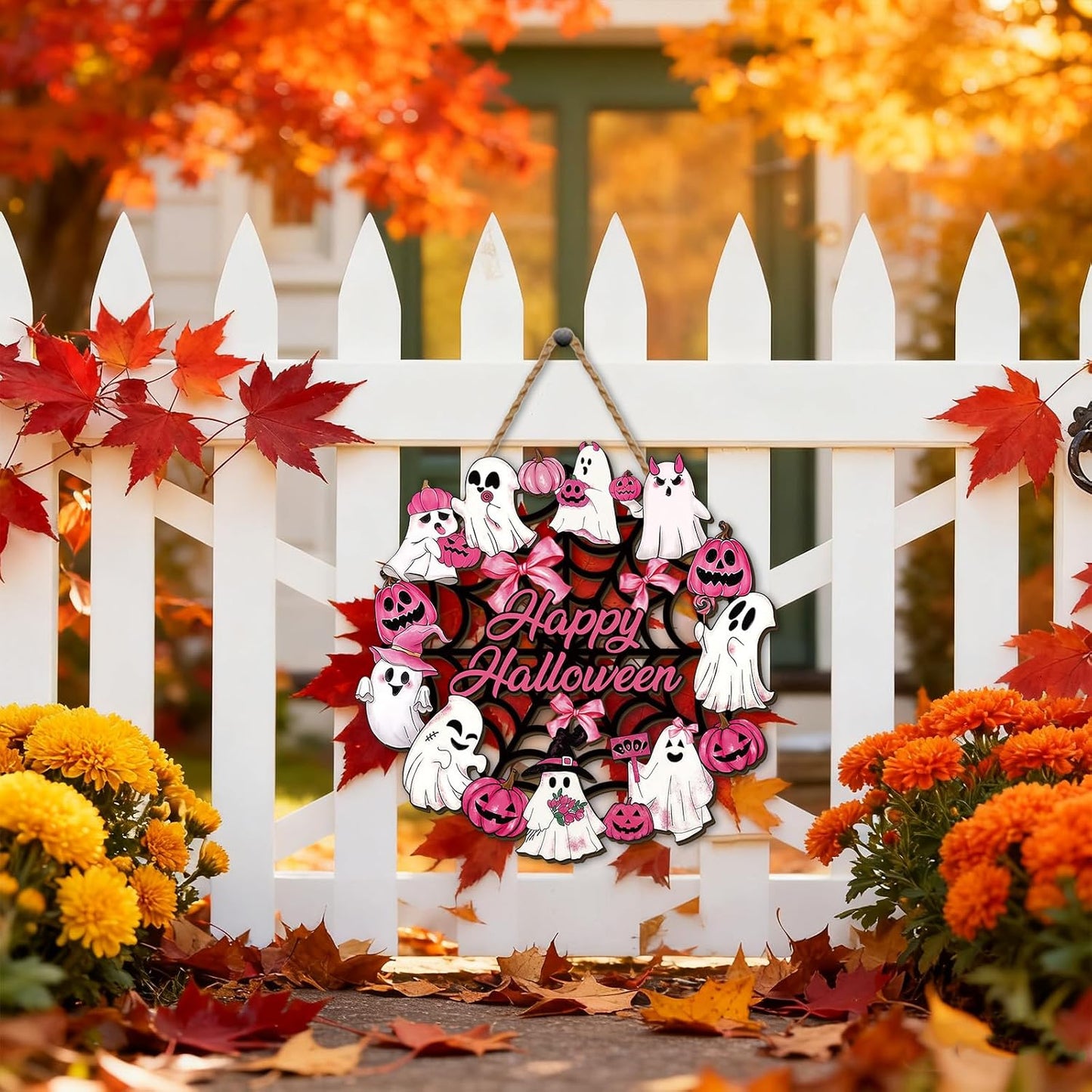 Halloween Wreath 11.8×11.8 Inch October Pink Ghost Home Party Decor