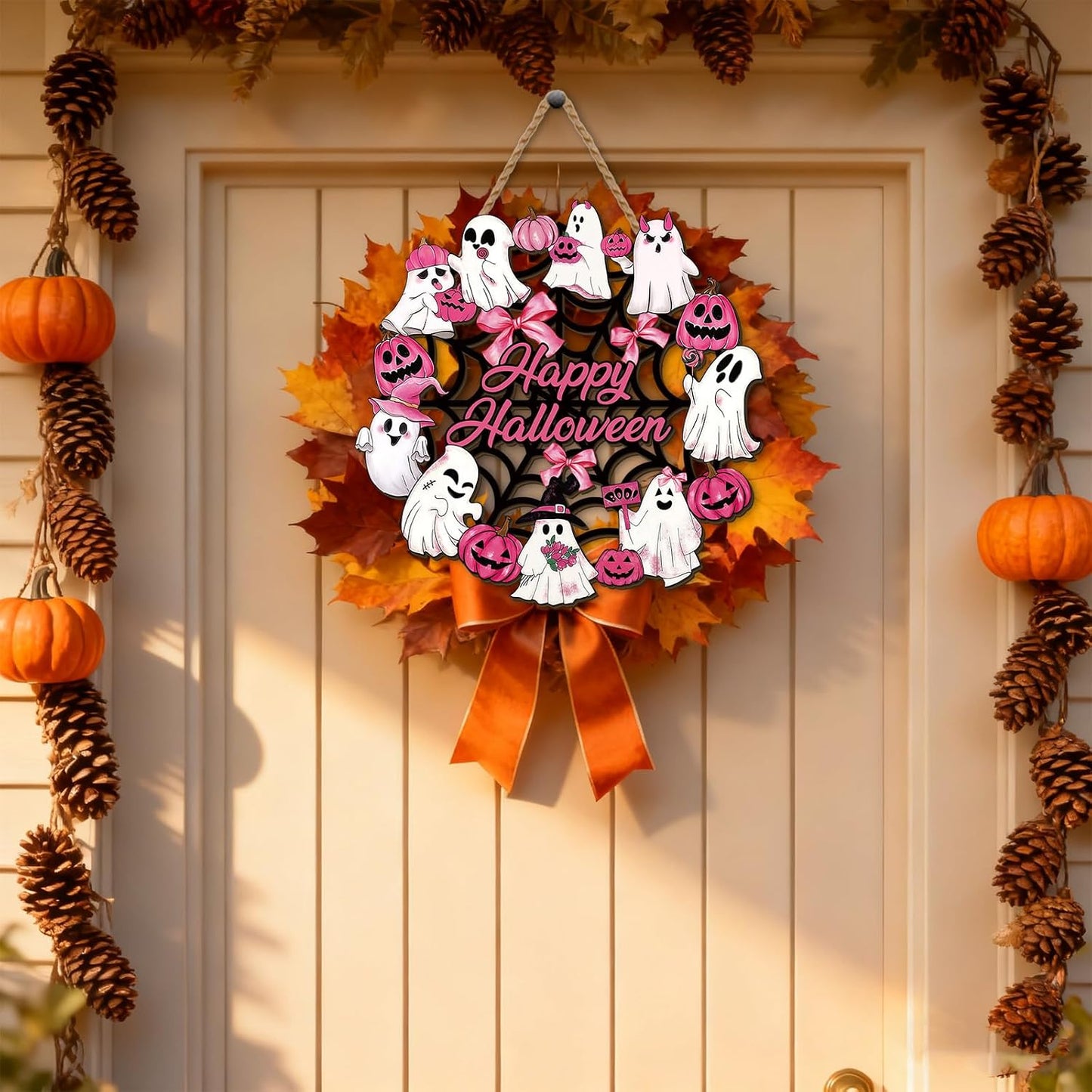 Halloween Wreath 11.8×11.8 Inch October Pink Ghost Home Party Decor