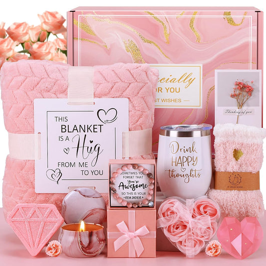 Mothers Day Birthday Gifts for Women Self Care Get Well Soon Gift Baskets, Pink Relaxing Spa Gift Set Care Package with Blanket, Unique Mother's Day Gifts for Mom Wife Grandma Daughter Sister