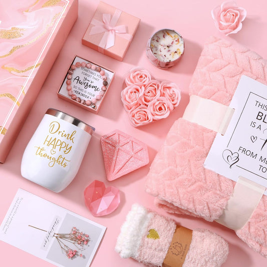 Mothers Day Birthday Gifts for Women Self Care Get Well Soon Gift Baskets, Pink Relaxing Spa Gift Set Care Package with Blanket, Unique Mother's Day Gifts for Mom Wife Grandma Daughter Sister