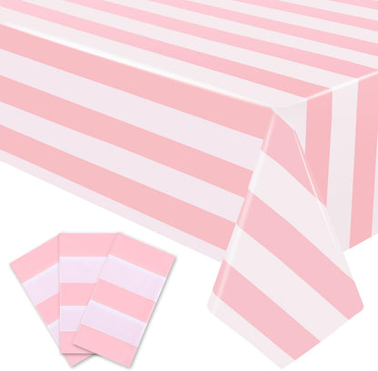 3 Packs Pink and White Striped Tablecloths 54 x 108 Inch