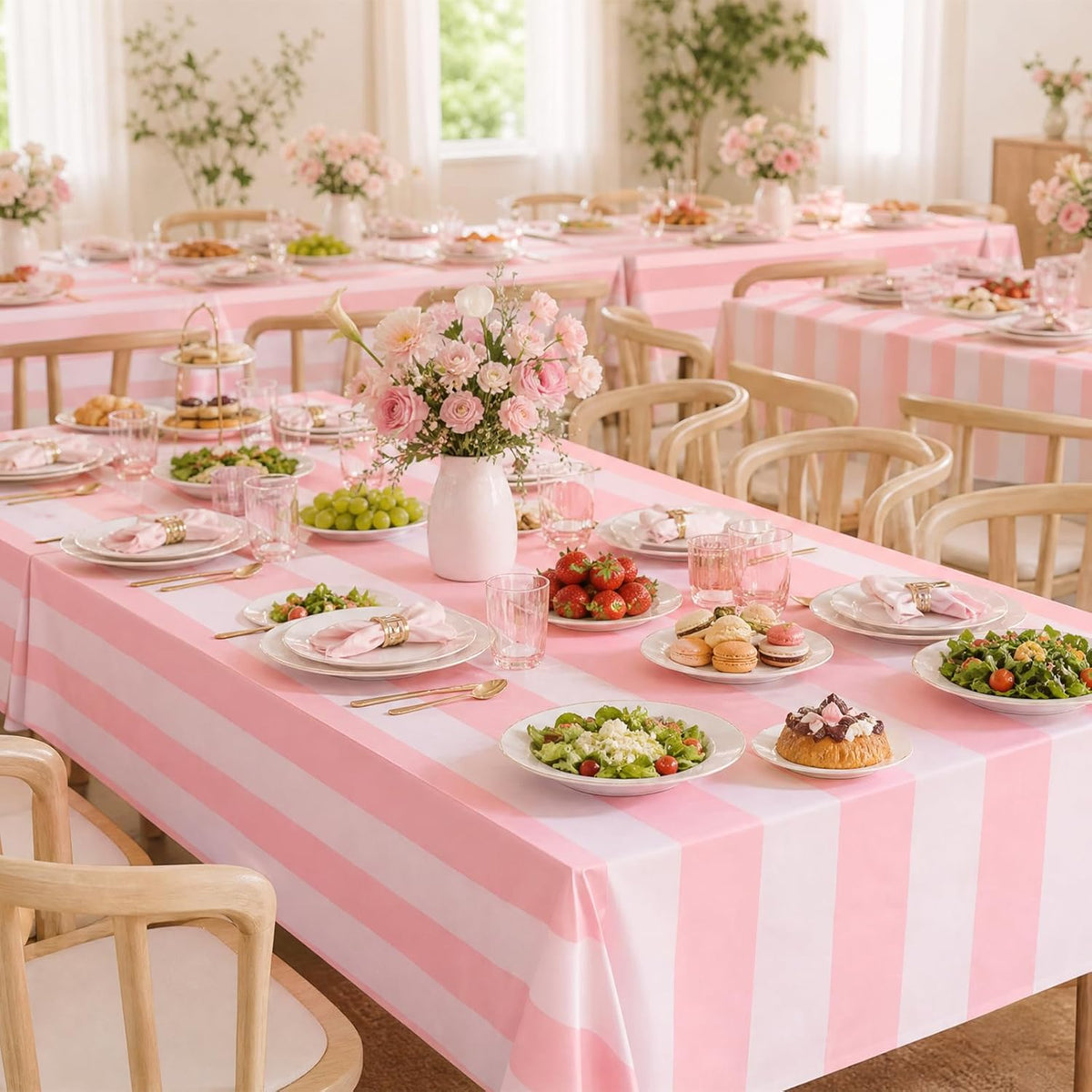 3 Packs Pink and White Striped Tablecloths 54 x 108 Inch