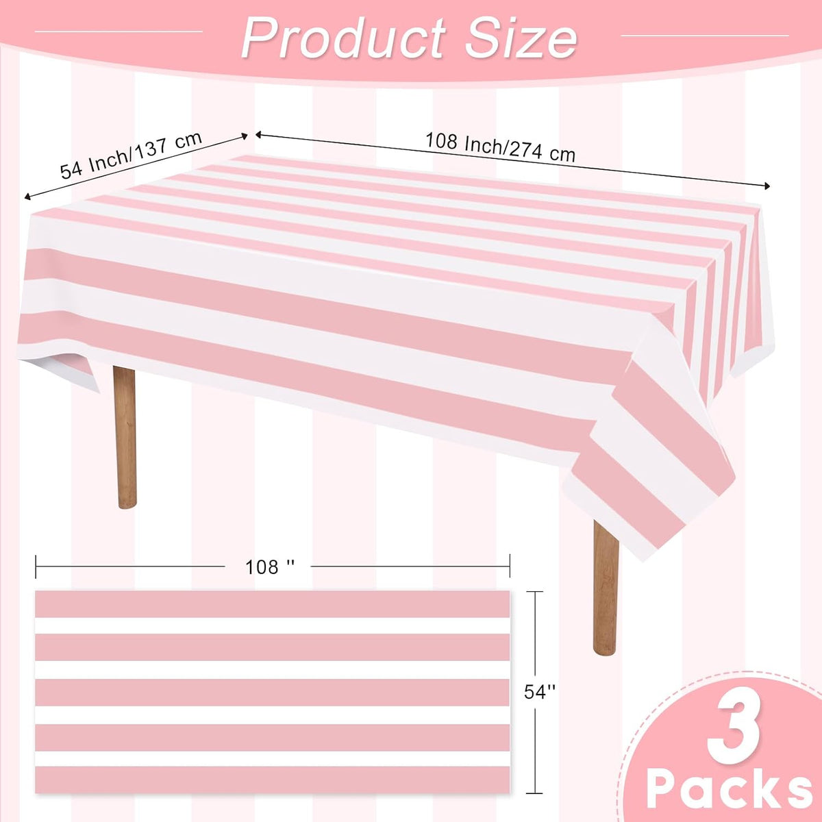 3 Packs Pink and White Striped Tablecloths 54 x 108 Inch