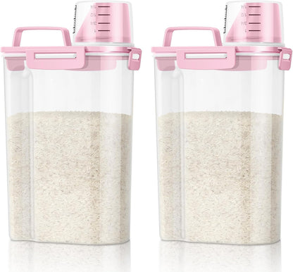 Rice Container 2 Pack 5 Lbs Cereal Container Storage, Kitchen Pantry Food Storage Holder with Cup, Small Pet Dog Cat Food Container -Pink