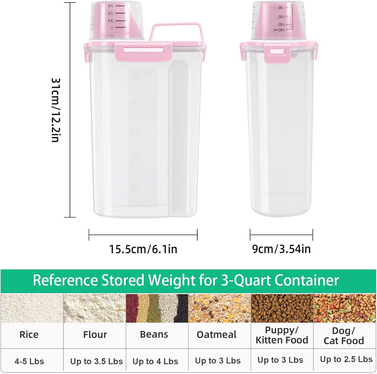 Rice Container 2 Pack 5 Lbs Cereal Container Storage, Kitchen Pantry Food Storage Holder with Cup, Small Pet Dog Cat Food Container -Pink