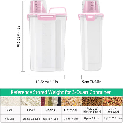 Rice Container 2 Pack 5 Lbs Cereal Container Storage, Kitchen Pantry Food Storage Holder with Cup, Small Pet Dog Cat Food Container -Pink