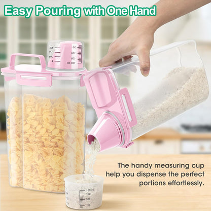 Rice Container 2 Pack 5 Lbs Cereal Container Storage, Kitchen Pantry Food Storage Holder with Cup, Small Pet Dog Cat Food Container -Pink
