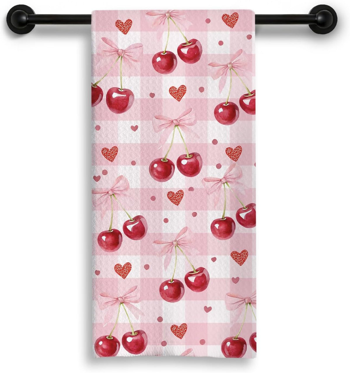 Pink Bow Cherry Checkered Kitchen Dish Towels, Cherry Gifts for Women, Preppy Girly Valentine's Day Plaid Decorative Hand Tea Towels for Kitchen Bathroom, 16x24 Inch