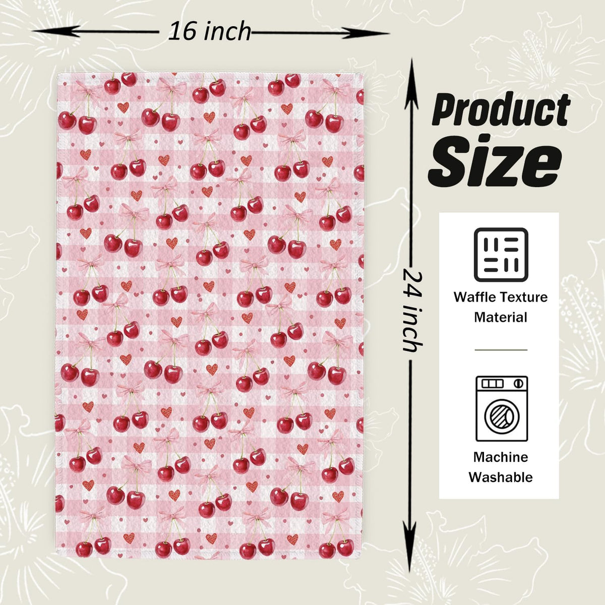 Pink Bow Cherry Checkered Kitchen Dish Towels, Cherry Gifts for Women, Preppy Girly Valentine's Day Plaid Decorative Hand Tea Towels for Kitchen Bathroom, 16x24 Inch