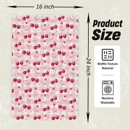 Pink Bow Cherry Checkered Kitchen Dish Towels, Cherry Gifts for Women, Preppy Girly Valentine's Day Plaid Decorative Hand Tea Towels for Kitchen Bathroom, 16x24 Inch