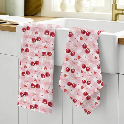 Pink Bow Cherry Checkered Kitchen Dish Towels, Cherry Gifts for Women, Preppy Girly Valentine's Day Plaid Decorative Hand Tea Towels for Kitchen Bathroom, 16x24 Inch