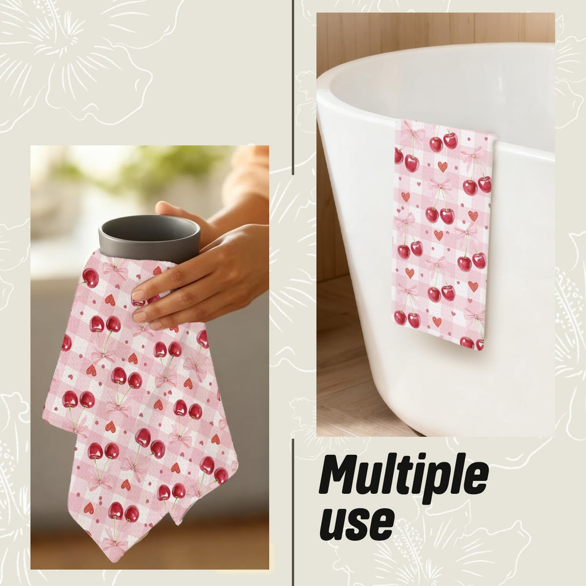 Pink Bow Cherry Checkered Kitchen Dish Towels, Cherry Gifts for Women, Preppy Girly Valentine's Day Plaid Decorative Hand Tea Towels for Kitchen Bathroom, 16x24 Inch