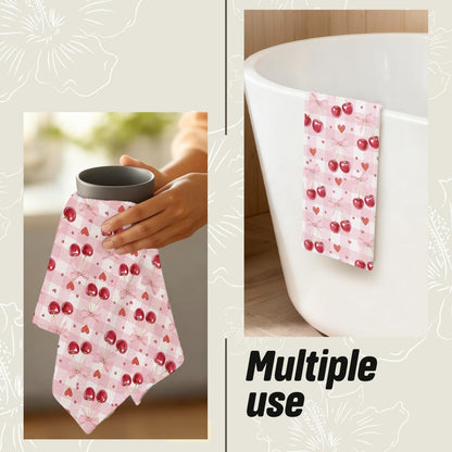 Pink Bow Cherry Checkered Kitchen Dish Towels, Cherry Gifts for Women, Preppy Girly Valentine's Day Plaid Decorative Hand Tea Towels for Kitchen Bathroom, 16x24 Inch
