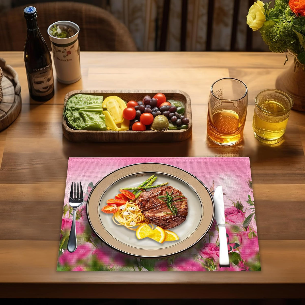 Spring Pink Rose Placemats Set of 4, Floral Butterfly Linen Place Mats Heat Resistant Non-Slip Washable Table Mats for Dining Kitchen Party Decor 12"x18"