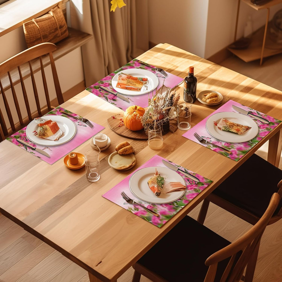 Spring Pink Rose Placemats Set of 4, Floral Butterfly Linen Place Mats Heat Resistant Non-Slip Washable Table Mats for Dining Kitchen Party Decor 12"x18"