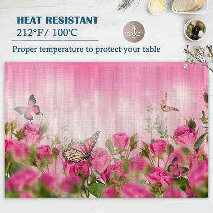Spring Pink Rose Placemats Set of 4, Floral Butterfly Linen Place Mats Heat Resistant Non-Slip Washable Table Mats for Dining Kitchen Party Decor 12"x18"