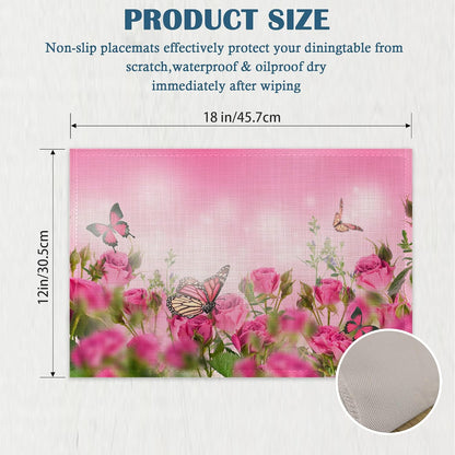 Spring Pink Rose Placemats Set of 4, Floral Butterfly Linen Place Mats Heat Resistant Non-Slip Washable Table Mats for Dining Kitchen Party Decor 12"x18"