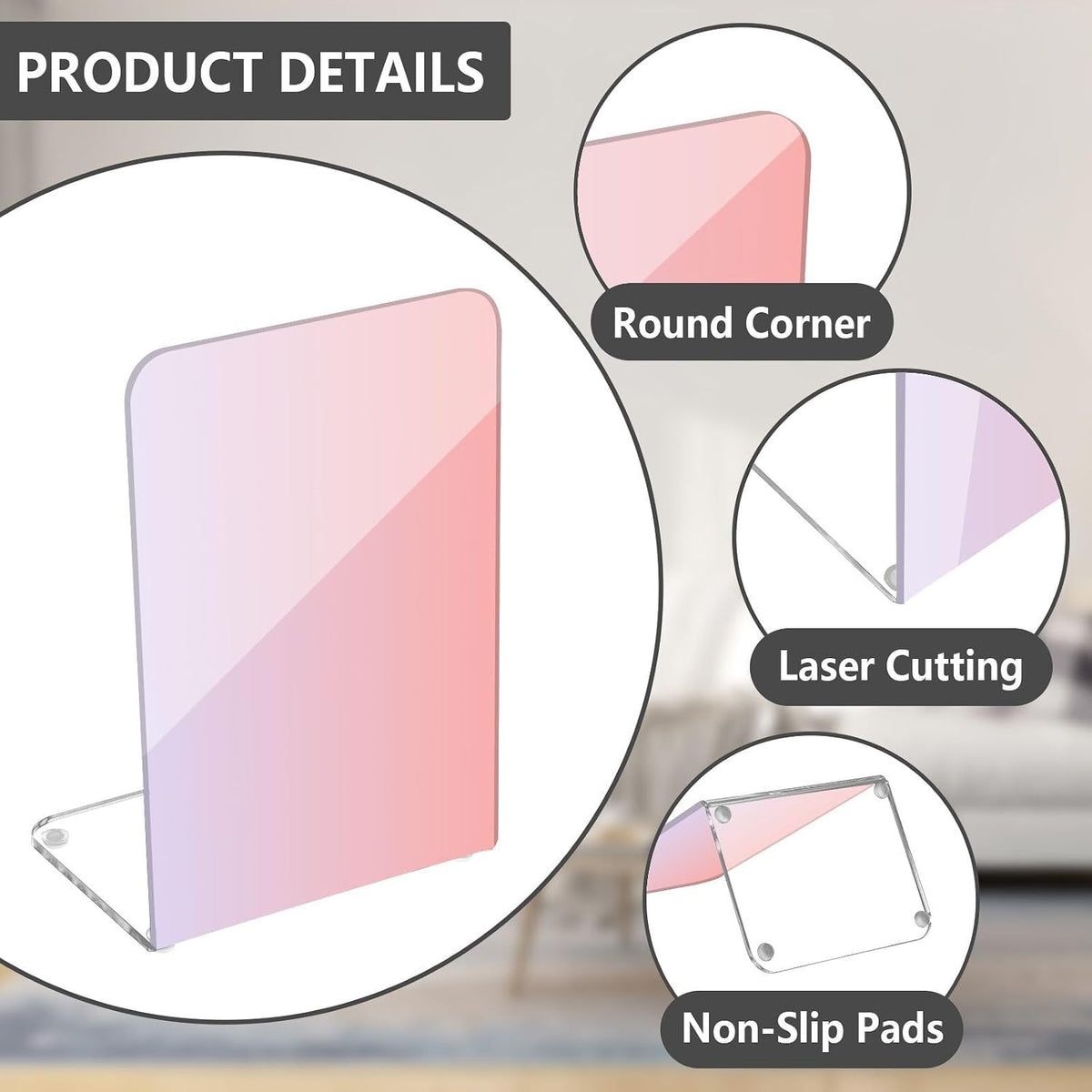 Pink Light Gradient Pattern Acrylic Bookends 2 Pcs Book Ends for Shelves Non-Slip Book Stopper Organizer for Office Library Home Decor, 5.4x4.1x8.1 in