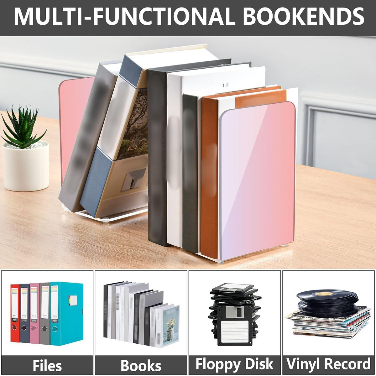 Pink Light Gradient Pattern Acrylic Bookends 2 Pcs Book Ends for Shelves Non-Slip Book Stopper Organizer for Office Library Home Decor, 5.4x4.1x8.1 in